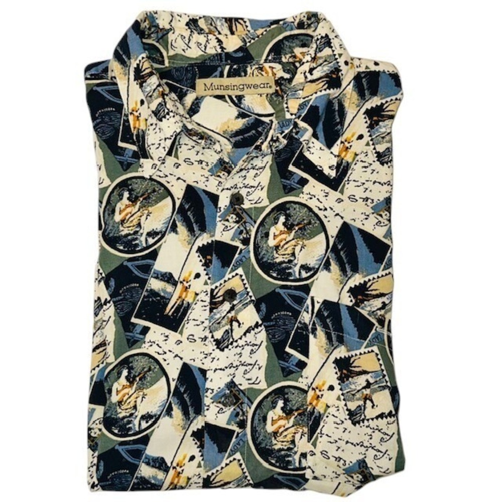 Munsingwear Hawaiian Shirt Hula Girl Print Short Sleeve Button‎ Up Size L